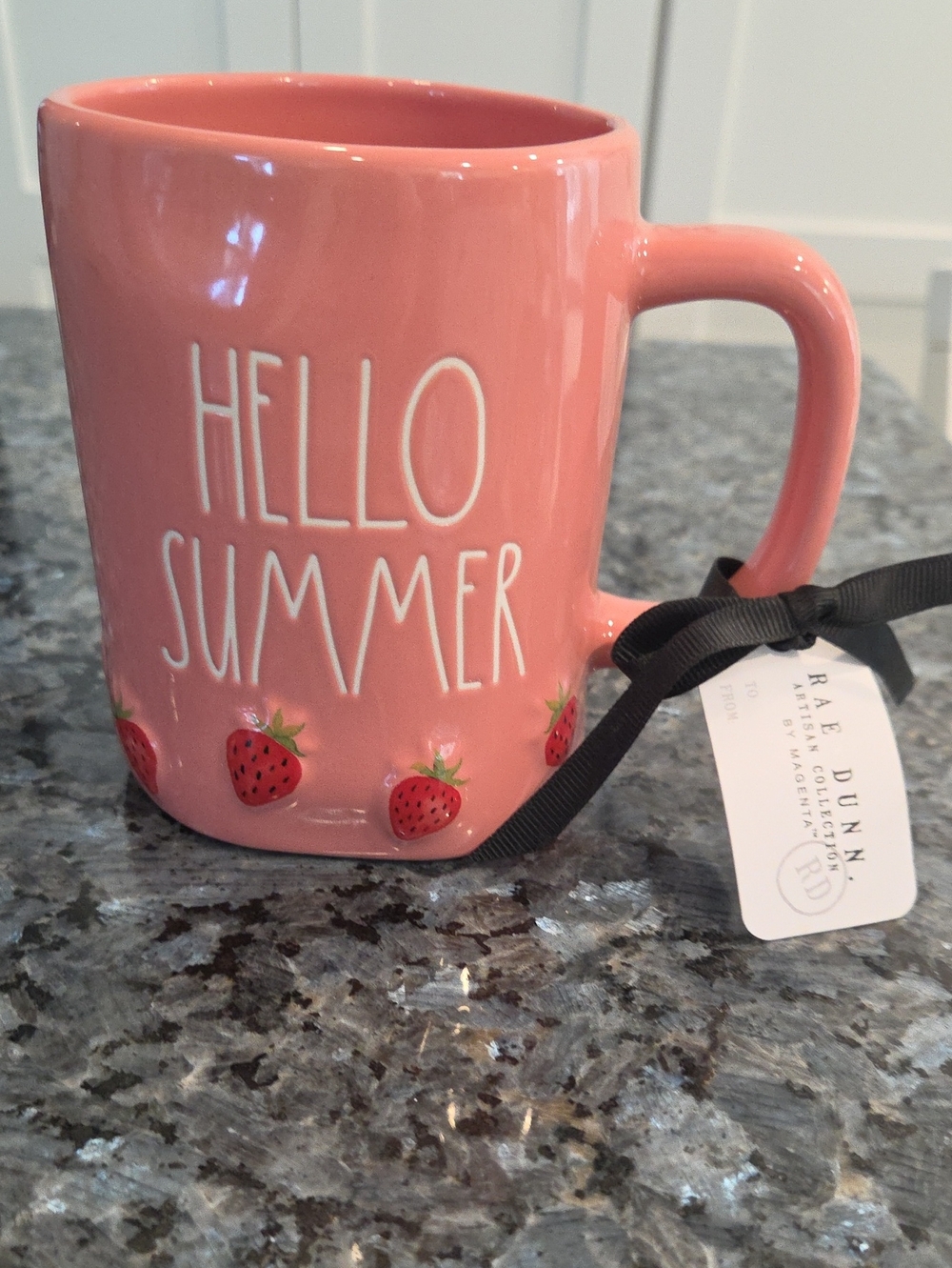 Rae Dunn Melon Colored "Hello Summer" Mug with Strawberry Accents